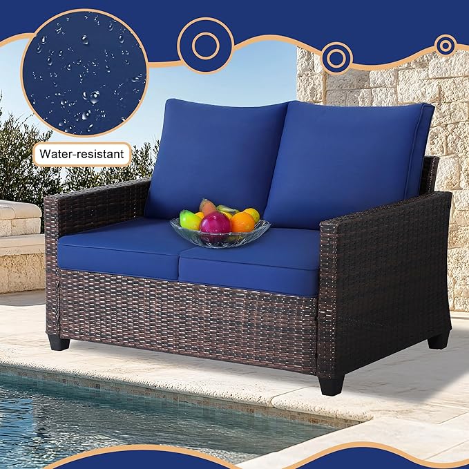 Outdoor Loveseat, All-Weather Patio Deep Seat 2-Seater Rattan Sofa with Water Resistant Cushions for Balcony, Backyard - Photo 7