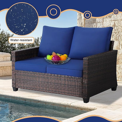Outdoor Loveseat,All-Weather Patio Deep Seat 2-Seater Rattan Sofa with Water Resistant Cushions for Balcony,Backyard,Porch & Poolside - Blue