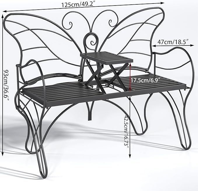 Outdoor Bench Patio Outdoor Garden Bench with Built-in Table, Butterfly Bench for Outside, 3 People Outdoor Bench Garden Bench Front Porch Furniture (Black, 49.2inch)