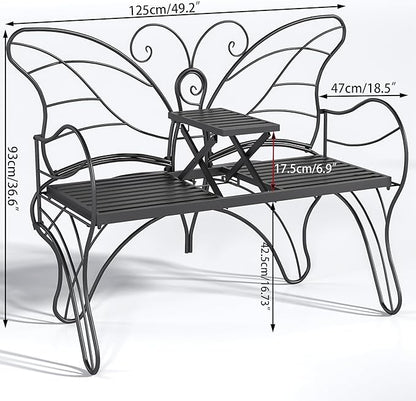 Outdoor Bench Patio Outdoor Garden Bench with Built-in Table, Butterfly Bench for Outside, 3 People Outdoor Bench Garden Bench Front Porch Furniture (Black, 49.2inch)