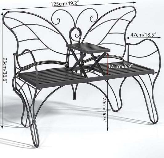 Outdoor Bench Patio Outdoor Garden Bench with Built-in Table, Butterfly Bench for Outside, 3 People Outdoor Bench Garden Bench Front Porch Furniture (Black, 49.2inch)