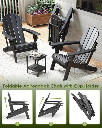 GREENVINES Folding-Adirondack-Chairs-Set-of-2 | HDPE Plastic | Fire Pit Chair | All Weather | Cup Holder | Black | for Deck Backyard Patio Outdoor Garden