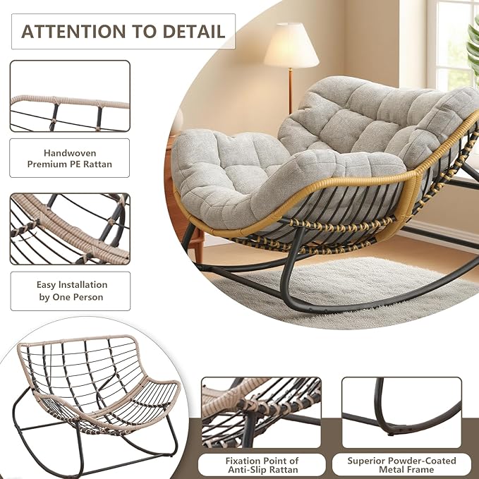 Oversized Rocking Chair, Outdoor/Indoor Patio Papasan Rocker with Thick Cushion - Photo 4
