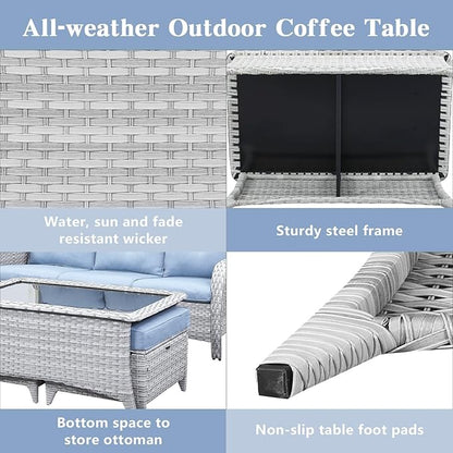 Belord Outdoor Coffee Table with Tempered Glass Top, Patio Rectangular Light Grey Wicker Table, Handwoven Rattan Coffee Table Compatible with Patio Furniture Sets for Porch Deck Backyard