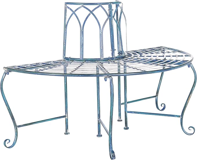 SAFAVIEH Outdoor Furniture Collection – Abia Antique Blue Distressed Wrought Iron 50-Inch Curved Tree Bench, Garden & Patio Seating (PAT5018C)