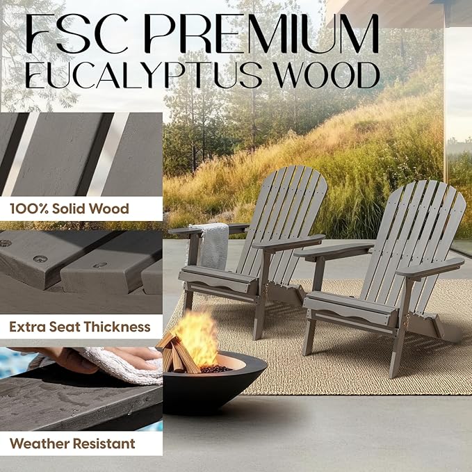 IDZO Outdoor Adirondack Chair Set of 2, Pre-Assembled Backrest, Patio Furniture Set, Outdoor Furniture for Garden, Porch, Deck, Firepit