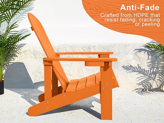 Y&M Adirondack Chair Set of 2, Orange Fire Pit Chairs, Outdoor Patio Chairs with Cup Holder, Weather Resistant HDPE Wooden Textured Patio Chairs, Perfect for Garden, Lawn, Deck, or Poolside