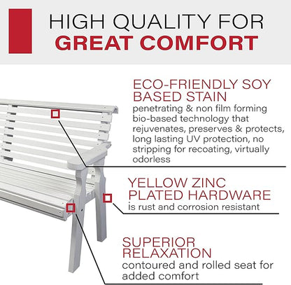 Amish Casual Heavy Duty 4 Foot Roll Back Outdoor Bench in White Stain - Amish Made in The USA from Treated Pine for Outdoor Durability, 700 Lb Weight Capacity