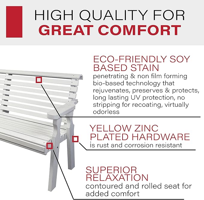 Amish Casual Heavy Duty 5 Foot Roll Back Outdoor Bench in White Stain - Amish Made in The USA from Treated Pine for Outdoor Durability, 700 Lb Weight Capacity