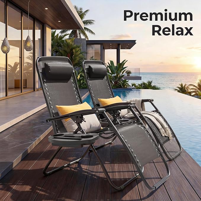 Greesum Zero Gravity Chairs Set of 2 Adjustable Steel Mesh Recliners Beach Deck Lawn Camping Patio Foldable Lounge - Photo 2