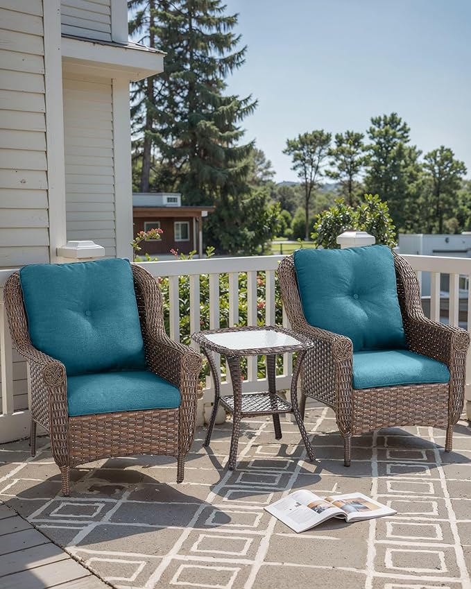 3 Piece Patio Brown Wicker Chairs with Side Table - Outdoor High Back Heavy Duty All-Weather Lawn Dining Rattan Chair - Photo 2