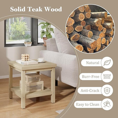 Tangkula 2-Tier Outdoor Side Table, Teak Wood End Table with Storage Shelf, Square Patio Snack Table, Coffee End Table for Porch Deck Garden, Natural