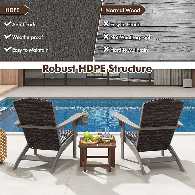 Tangkula Patio Wicker Adirondack Chair, HDPE Lounge Chair w/Rattan Padded Seat & Back, Wide Armrests & Hidden Cupholder, Outdoor All-Weather Adirondack Fire Pit Chair for Backyard, Lawn (1, Grey)
