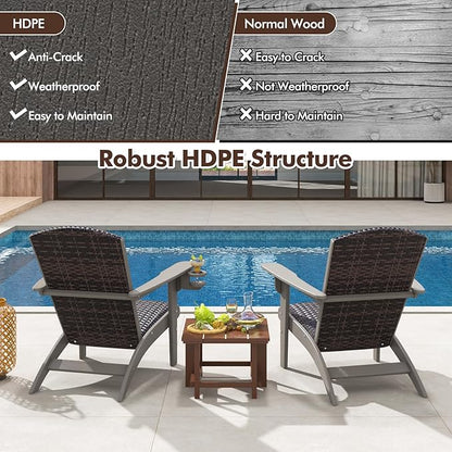 Tangkula Patio Wicker Adirondack Chair, HDPE Lounge Chair w/Rattan Padded Seat & Back, Wide Armrests & Hidden Cupholder, Outdoor All-Weather Adirondack Fire Pit Chair for Backyard, Lawn (1, Grey)