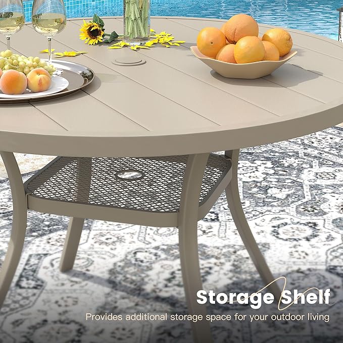 VICLLAX Round Patio Dining Table for 4-6, Outdoor Metal Dining Table with Umbrella Hole for Deck Lawn Garden Backyard, 47.2" Sandshell