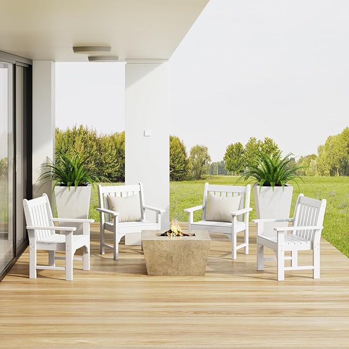 Costaelm Outdoor Dining Chairs with Arms Set of 4, Patio Dining Table Chair, HDPE Poly Lumber Waterproof Restaurant Bistro Farmhouse Chairs for Outside Porch Backyard Garden, White