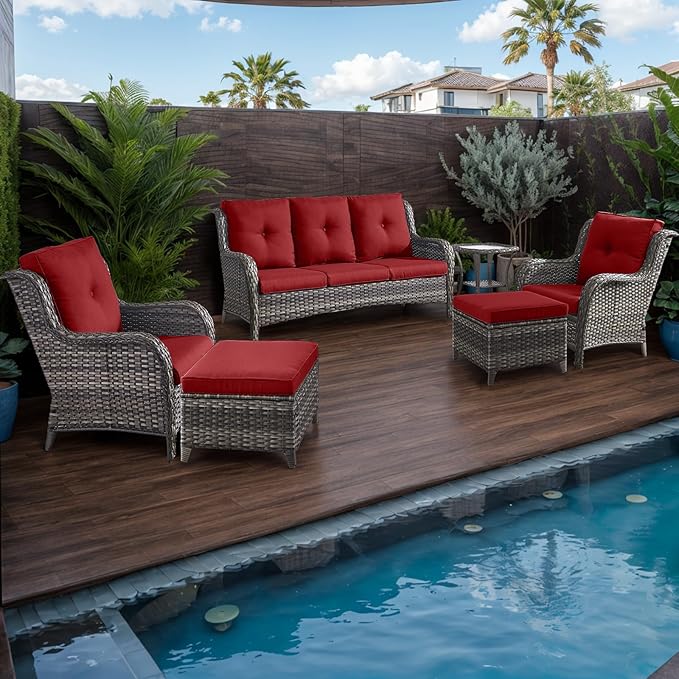 HUMMUH 6 Pieces Patio Furniture Set Wicker Patio Chairs Set of 2 with Sofa Ottomans Side Table Outdoor Furniture Conversation Set for Yard,Garden,Porch