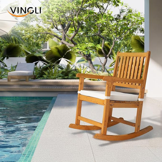 VINGLI Outdoor Rocking Chair, Weatherproof Rocker with Cushion, Wooden Rocking Bench Support 550 LBS for Patio, Yard, Garden, Outdoor or Indoors, Teak