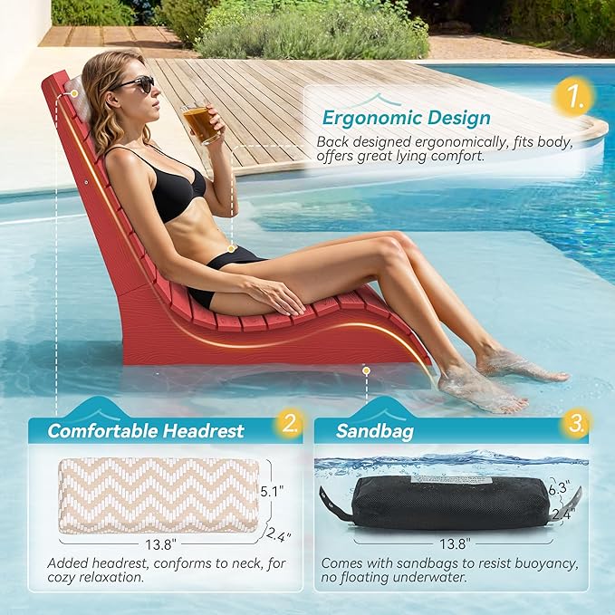 HDPS Pool Lounge Chairs Set of 4, Use in Pools Lounge Chairs up to 10-Inches of Water, Chaise Chairs with Headrest, Lounge Chair Outdoor, Fade-Resistant Pool Lounger for Deck