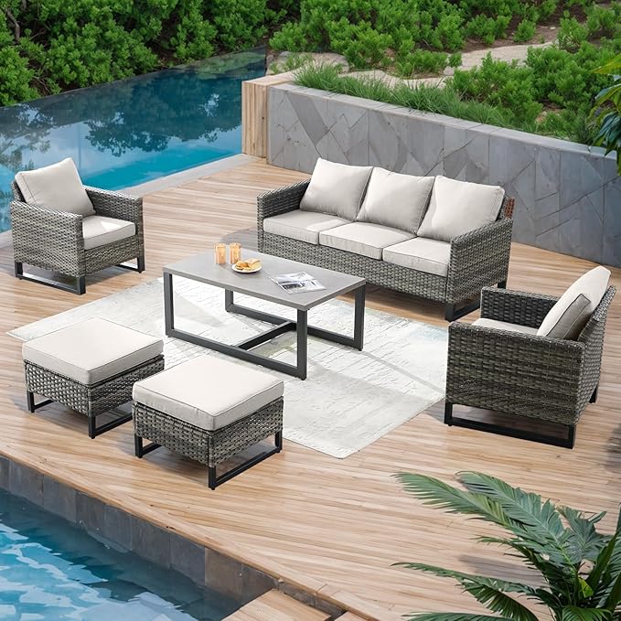 Rilyson Wicker Outdoor Patio Furniture Set - 6 Piece Patio Conversation Set with 2 Armrest Chairs, 2 Rattan Ottoman - Photo 7