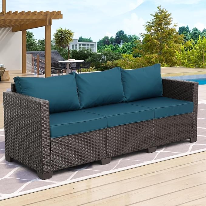 Wicker Outdoor Couch 3-seat Sofa Outdoor Furniture Deep Seat Hight Backrest Patio Furniture with Waterproof Cover Anti-Slip Cushions(Green)