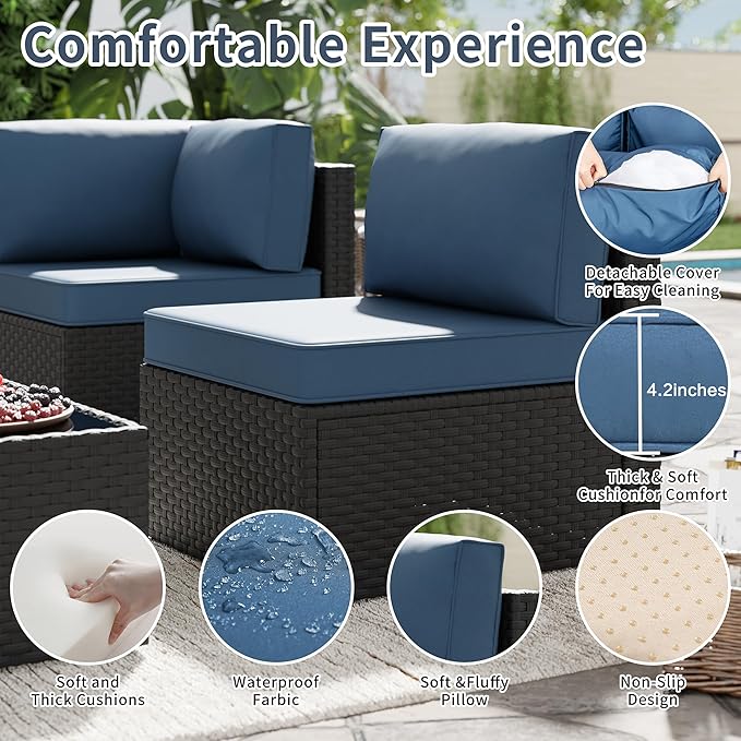 SUNLEI 5pcs Patio Furniture Sets Conversation Set, Low Back All-Weather Rattan Sectional Sofa with Tea Table&Washable Couch Cushions, Outdoor Furniture Set