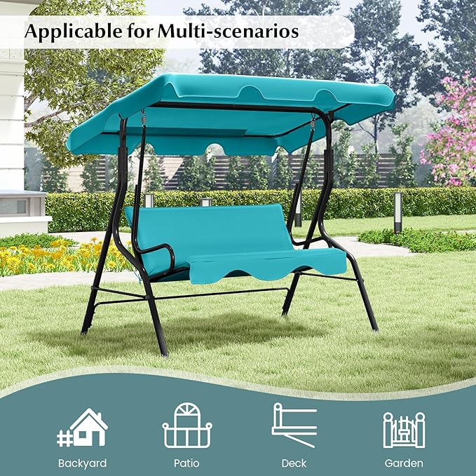 RELAX4LIFE 3-Person Porch Swing Chair - Outdoor Swing w/Adjustable Canopy, Removable Cushion & Metal Frame Stand - Photo 9