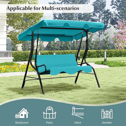 RELAX4LIFE 3-Person Porch Swing Chair - Outdoor Swing w/Adjustable Canopy, Removable Cushion & Metal Frame Stand, 3 Seat Swing Bench for Backyard Garden Poolside, Patio Swing for Adults (Turquoise)