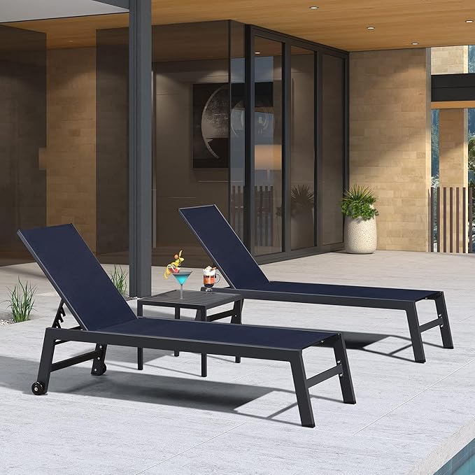PURPLE LEAF Outdoor Patio Chaise Lounge Set 4 Pieces Pool Lounge Sunbathing Chairs with Wheels Chair for Yard (4 Navy Blue Lounges W/Side Table)