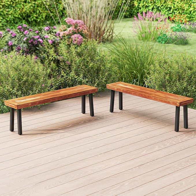 HAPPYGRILL Outdoor Acacia Wood Bench Set, 2-3 People Garden Benches with Slatted Top & Flared Metal Legs, Patio Dining Benches for Porch, Park & Backyard
