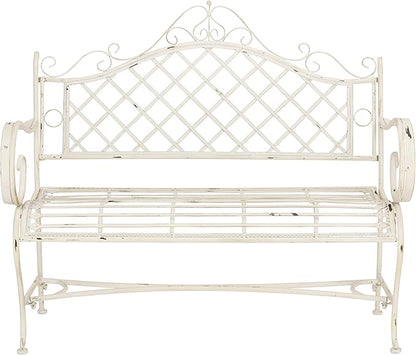 Safavieh PAT5017A Collection Adina Antique White Wrought Iron 51.25" Outdoor Garden Bench