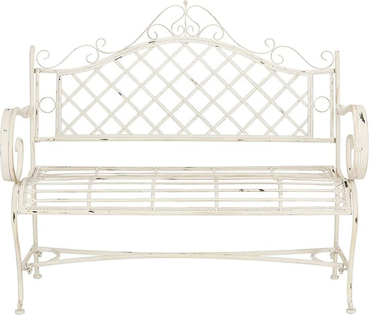 Safavieh PAT5017A Collection Adina Antique White Wrought Iron 51.25" Outdoor Garden Bench