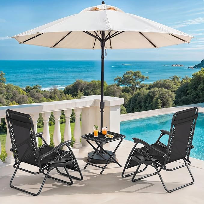 Magshion Folding Zero Gravity Chairs Set of 2, Outdoor Reclining Camping Chairs, Patio Lounge Recliners with Side Table & Cup Holder Tray, Black
