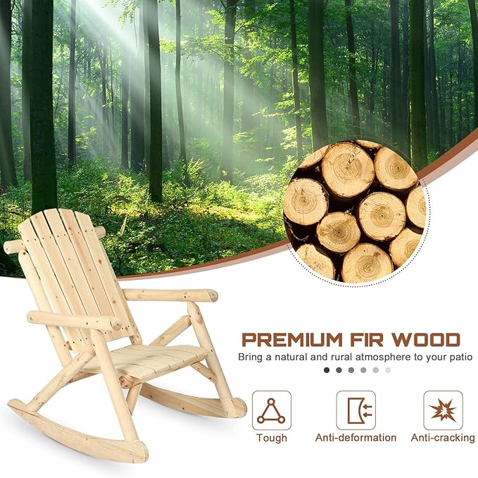 HOMEDIARY Wooden Adirondack Rocking Chair, Patio Log Rocker Outdoor Lounge Chair with Slatted Wooden Design, High Fanned Back & Classic Rustic Style for Patio Garden Backyard Porch, Natural