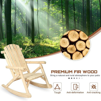 HOMEDIARY Wooden Adirondack Rocking Chair, Patio Log Rocker Outdoor Lounge Chair with Slatted Wooden Design, High Fanned Back & Classic Rustic Style for Patio Garden Backyard Porch, Natural