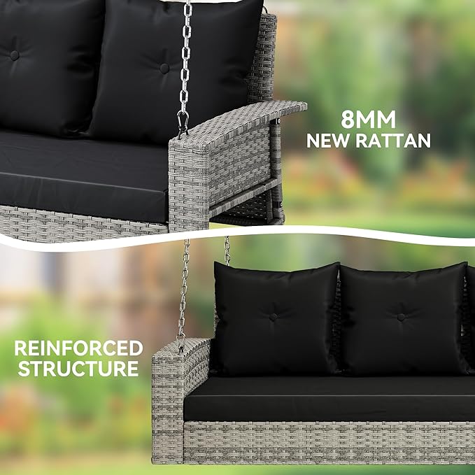 YITAHOME 3-Seats Outdoor Hanging Porch Swing Chair Rattan Black Wicker Patio Swing Chair with Swing Lounge 3 Black Back - Photo 5