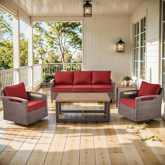 Luxury 5 Piece Heavy Duty Patio Furniture Set with Swivel Chairs - All Weather Wicker Comfort Thick Cushion Outdoor Conversation Set with Sofa & Coffee Table for Porch Poolside Deck - Red