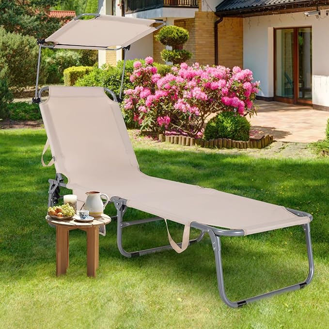 GYMAX Tanning Chair, Beach Lounge Chair with Canopy Sunshade, Carry Handle & Pocket, 5 Level Adjustable Layout Chaise Lounge for Outside, Folding Sunbath Chair for Outdoor, Patio, Poolside (2, Sand)