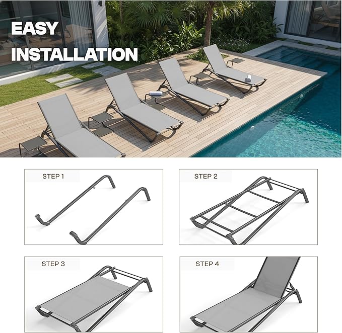 Kingdura Chaise Lounge Chairs Set for Pool, Aluminum Outdoor Lounge Chairs with 5 Positions Recliner - Photo 7