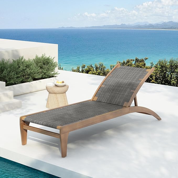 Christopher Knight Home Jhin Chaise Lounge Chair Outdoor, Acacia Wood Frame and Rattan Sunbathing Pool Lounger, Adjustable Backrest Single Lounge Sofa, Patio Lounge Chaise for Poolside, Light Brown