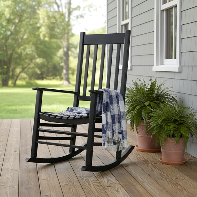 Shine Company Vermont Porch Rocker, High Back Acacia Wood Rocking Chair, Black