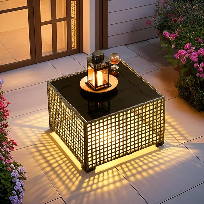 ovios Outdoor Side Table with Tempered Glass Top, Patio Wicker Solar Table, Rattan Bistro End Table for Porch Deck Balcony Garden Poolside, Grey