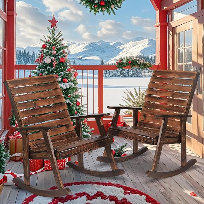 Garturects Outdoor Rocking Chairs Set of 2 - Patio Wood Rocking Chair Furniture Rustic Porch Rocker Chair for Yard, Porch, Balcony & Garden