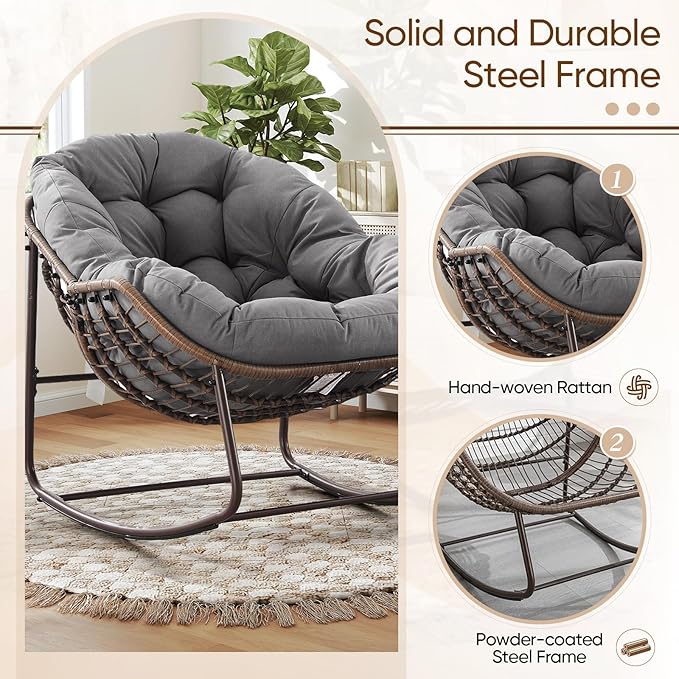 Large Indoor Rocking Chair Set of 2, Oversized Rocking Papasan Chair with Thick Cushion and Frame,Comfy Velvet Rocker Wicker Egg Chairs Lounge Reading Chair for Living Room, Bedroom, Light Grey