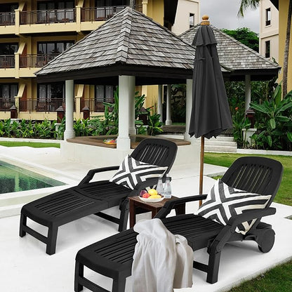 Tangkula Outdoor Chaise Lounge Chair, 5-Position Adjustable Recliner with Storage Box and Flexible Wheels, All-Weather Folding Patio Lounge Chair for Poolside, Beach and Backyard (1, Black)