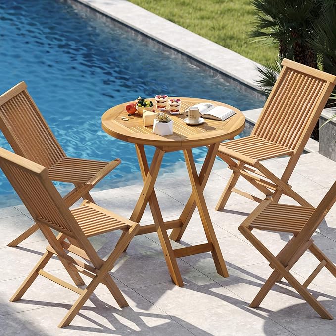 Tangkula 27.5" Teak Wood Patio Dining Table, Round Outdoor Bistro Table with Slatted Tabletop, Sturdy X-Shaped Frame, Wood Outside Table for Backyard, Poolside, Garden, Lawn, Natural