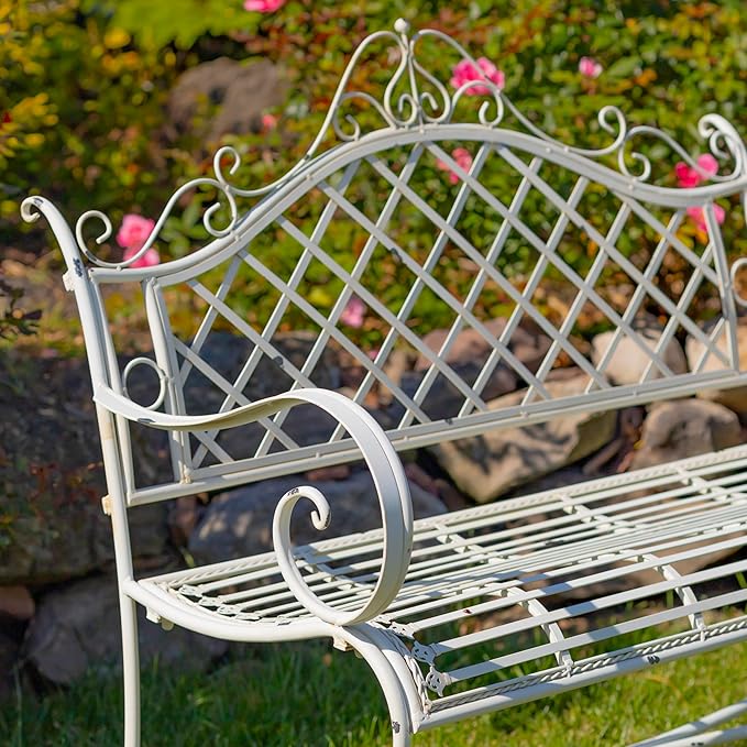 Zaer Ltd. Well Made Metal Garden Bench (Antique White)
