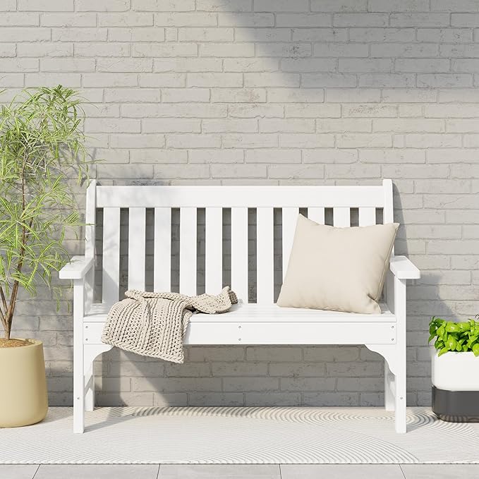 Costaelm Garden Bench, Farmhouse Park Front Porch for Entryway Bench Outdoor Seating Low Bench Patio Bench Outside/Indoor, White