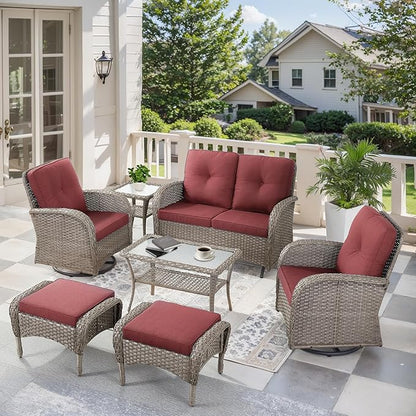 7 Pieces Patio Furniture-Patio Swivel Chairs Set of 2 Outdoor Glider Bench Rocking Chair with Patio Ottomans Patio Conversation Sets for Deck Porch Garden Balcony Poolside-Grey/Red