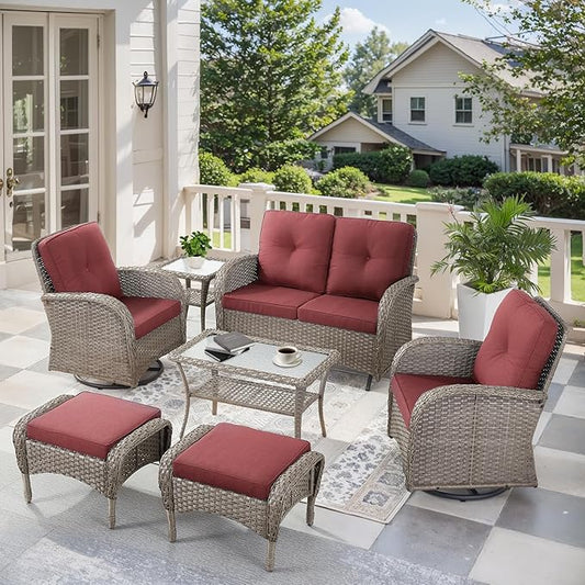 7 Pieces Patio Furniture-Patio Swivel Chairs Set of 2 Outdoor Glider Bench Rocking Chair with Patio Ottomans Patio Conversation Sets for Deck Porch Garden Balcony Poolside-Grey/Red